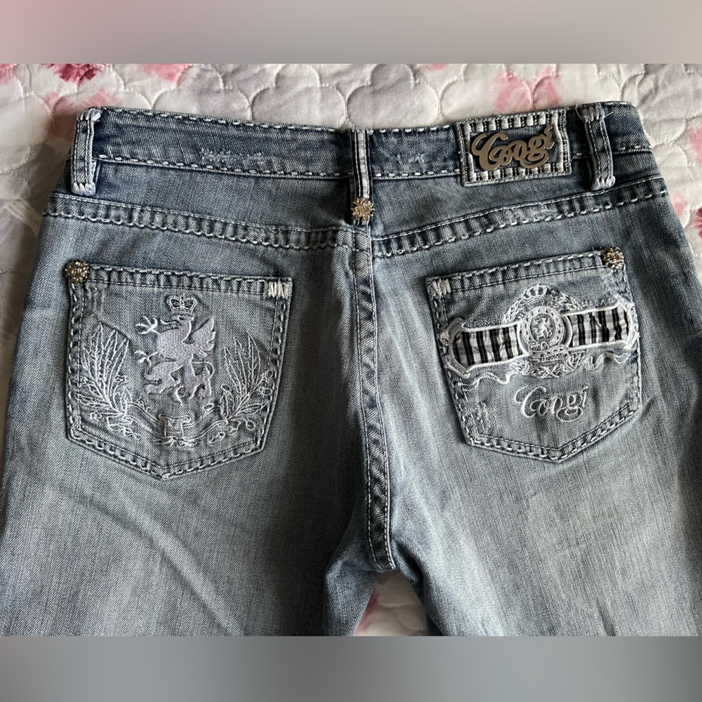 COOGI Women's Lght Blue Denim Embroidered Bermuda Shorts Plaid Detail 11/12 Y2K